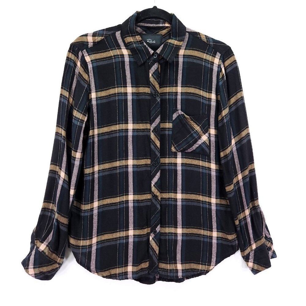 RAILS Hunter Plaid Button Up Shirt Size Small Midnight Teal Mustard Flannel